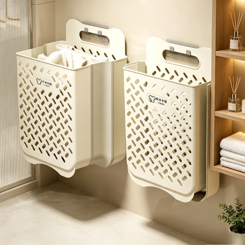 Foldable Wall Mounted Laundry Basket Collapsible Hamper for Dirty Clothes Bathroom Bedroom Laundry Room Home Space Saving 빨래 바구니