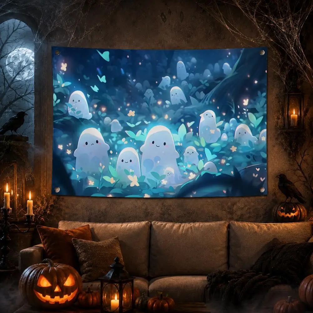 Cute Ghostly Little Spirit Flags Outdoor Decorative Banner For Home Garden Party Spooky Wall Hanging Yard Flag