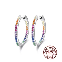 QooLady Multicolor Rainbow Round Hoop Earrings for Women 925 Sterling Silver Cubic Zirconia Daily Party Jewelry Gifts SE032