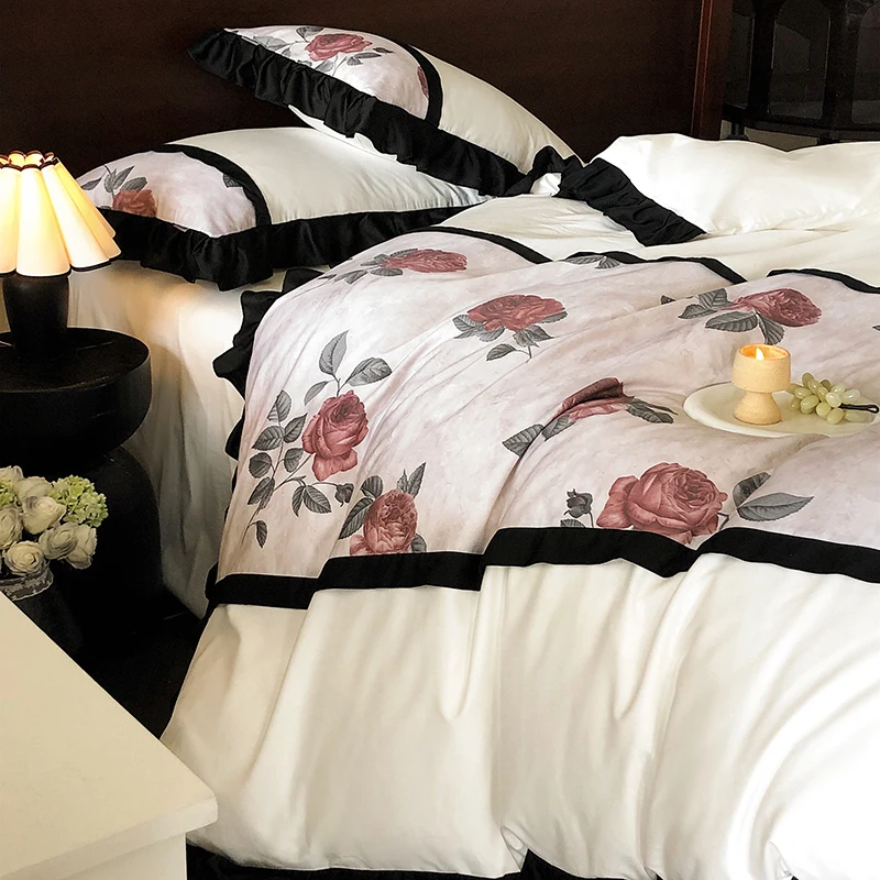 French Style Room Decoration Long Staple Cotton Bedding Four Piece Set with Printed Ruffle Edge Duvet Cover Soft and Non Fading