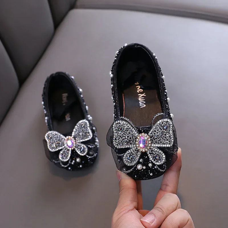 Girls Princess Leather Shoes Rhinestone Pearl Children\'s Flats Spring Autumn Fashion Kids Causal School Performance Ballet Shoes