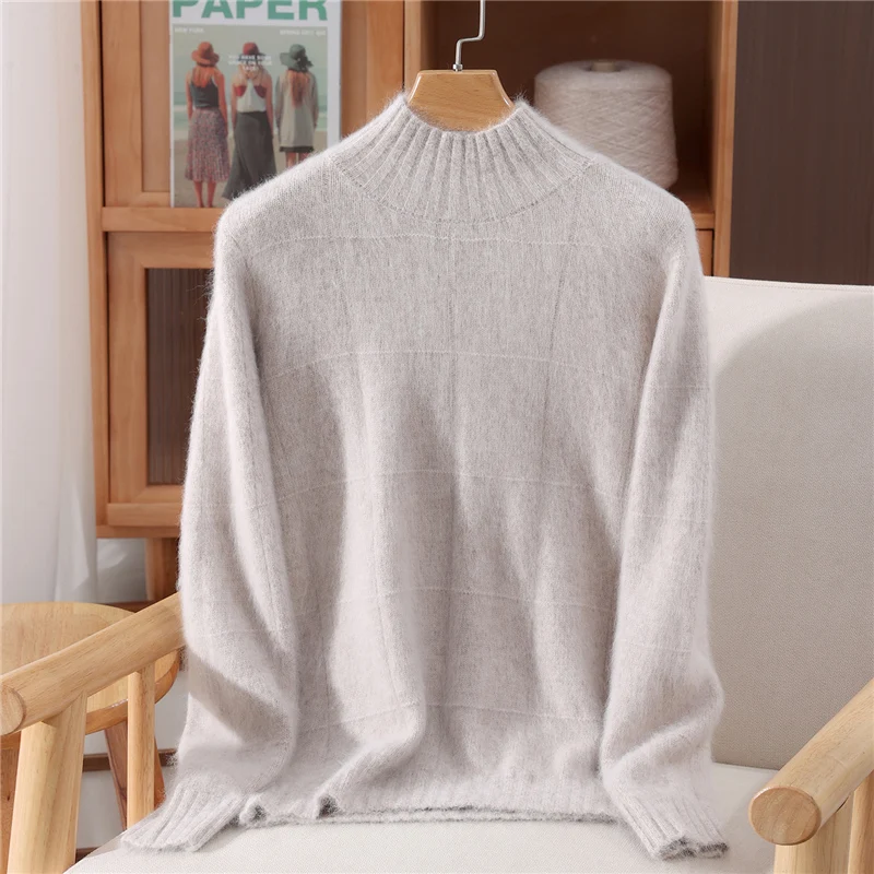 Women 100%Mink Cashmere Sweater Autumn Winter Thick Mockneck Cardigan Cable Knitting Simple Soft Warm Comfort Knitwear Top