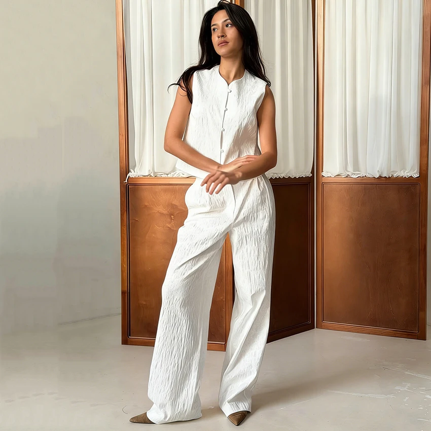 

Элегантный белый костюм Linad: брюки с высокой талией и жилет на одной пуговице с молнией, комплект из 2 предметов, летний уличный шик, 2026