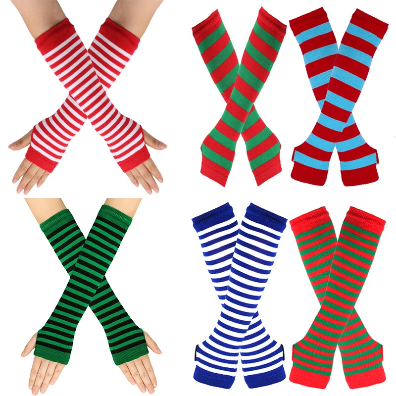 

Long Fingerless Gloves Arm Cover Striped Knitted Wrist Sleeves Arm Warmer Sleeve Knitted Elbow Mittens Women Christmas Gift