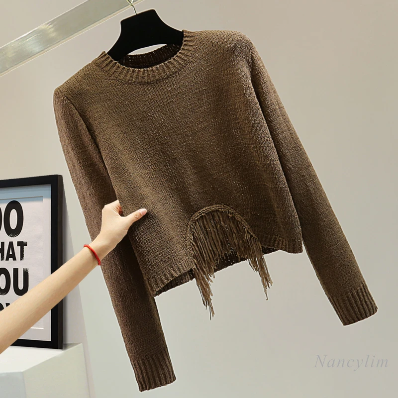 Fringed Long-sleeved Crew Neck Knitted Sweater Women 2024 Autumn High-waisted Short Irregular Pullovers Coffee Color Top