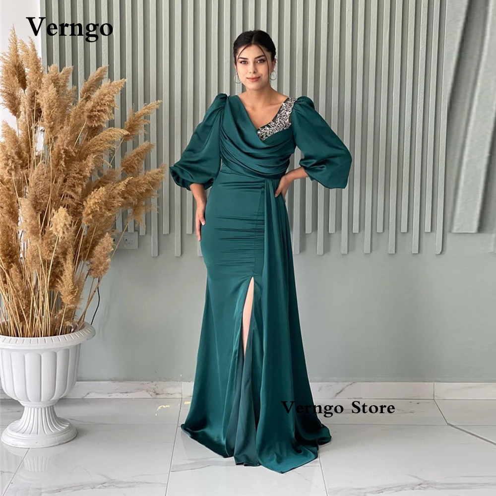 

Verngo Green Arabic Women Mermaid Evening Dresses Puff Long Sleeves V Neck Applique Slit Overskirt Royal Blue Formal Prom Gowns