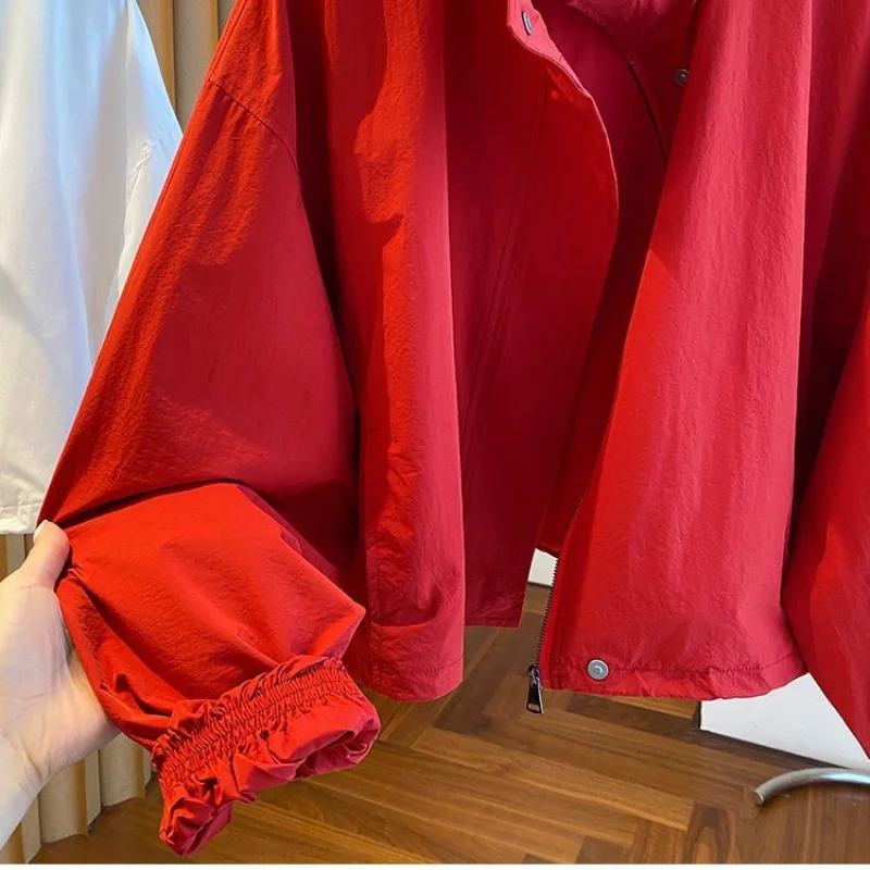 ​ ​ Chaqueta roja con cuello levantado para mujer, ropa de abrigo informal holgada con cremallera y puños con cordón, abrigo corto fino para otoño y primavera ​ ​