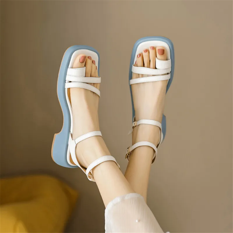 New Genuine Leather Summer Sandals 2023 Square Toe Platform Sandals Cowhide Roman Shoes Women Handmade Shoes for Women