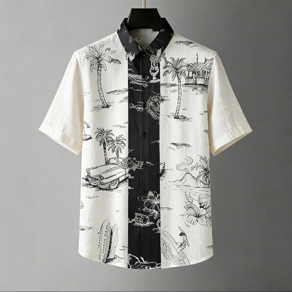 Men's Shirt Tropical Beach Floral Splicing Print Turn‑down Collar Short Sleeve Vacation Party Casual Button Down Men Clothes