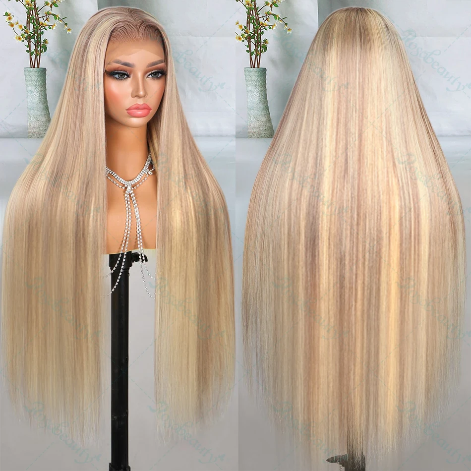 Highlight P10/613 Straight 13x4 HD Lace Frontal Wigs Preplucked Light Brown Roots Blonde Transparent Lace Front Wig Human Hair