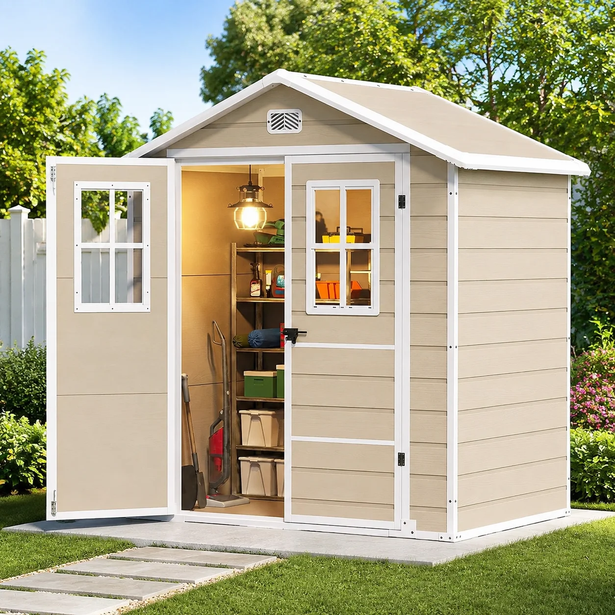 Outdoor Storage Shed 6x4.4ft Plastic Garden Tool Shed with 2 Vision Windows, Double-Wall Outside Shed for Mower Lawn, Garden