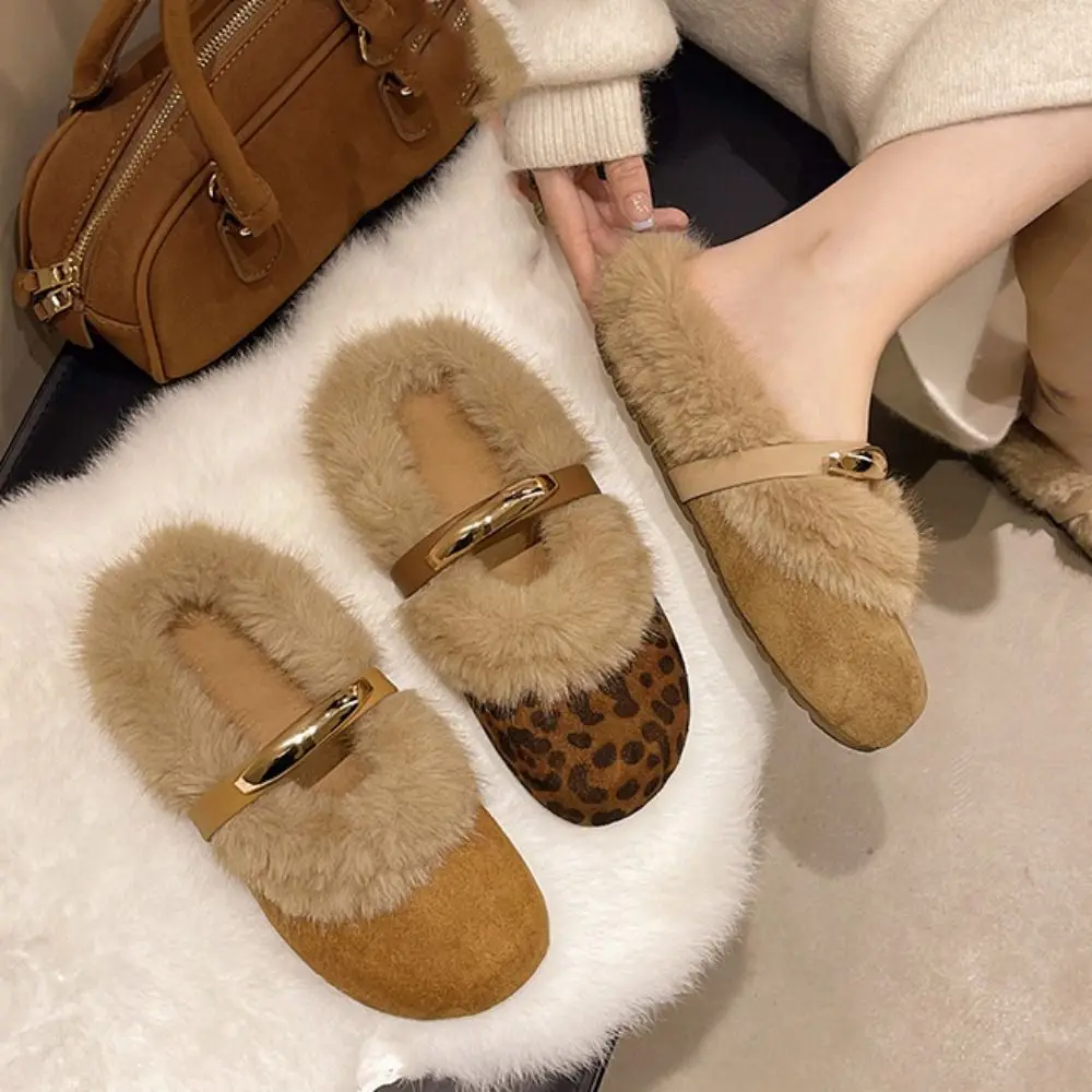 

Comfortable Suede Leopard Print Warm Slippers Round Head Soft Coral Fleece Slippers Anti-slip Home Wear Retro Winter Shoes Women