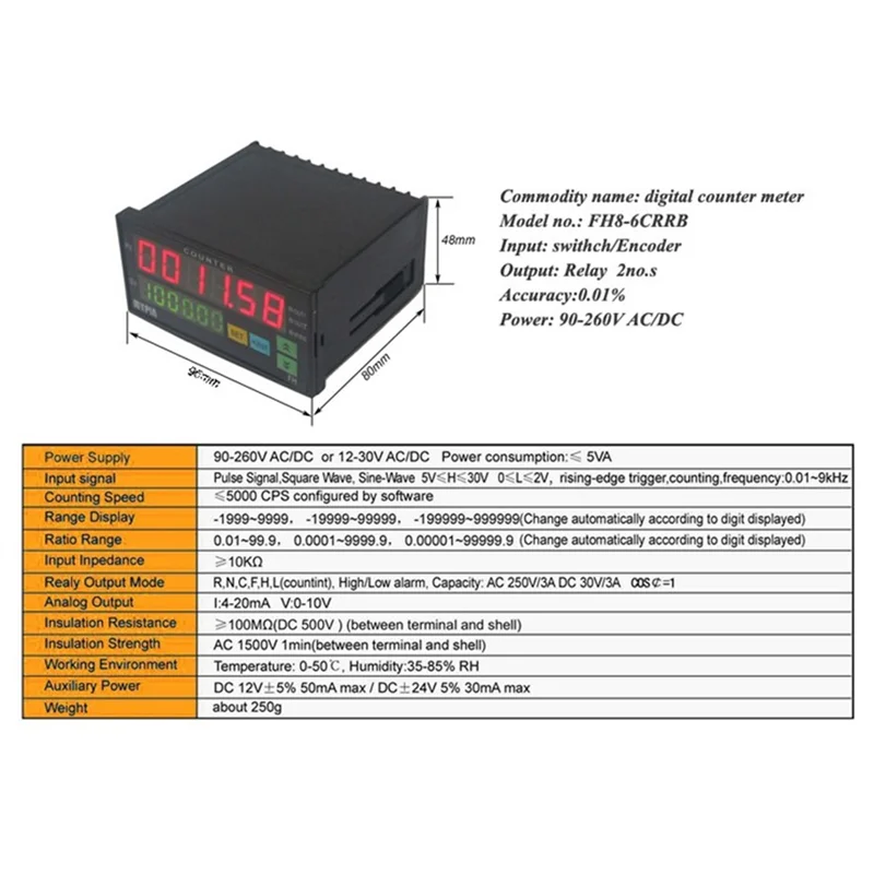 

Mypin FH8-6CRRB Dual Display Digital Counter 6 Digits Light-Emitting Diode AC/DC Length Meter Black HOT