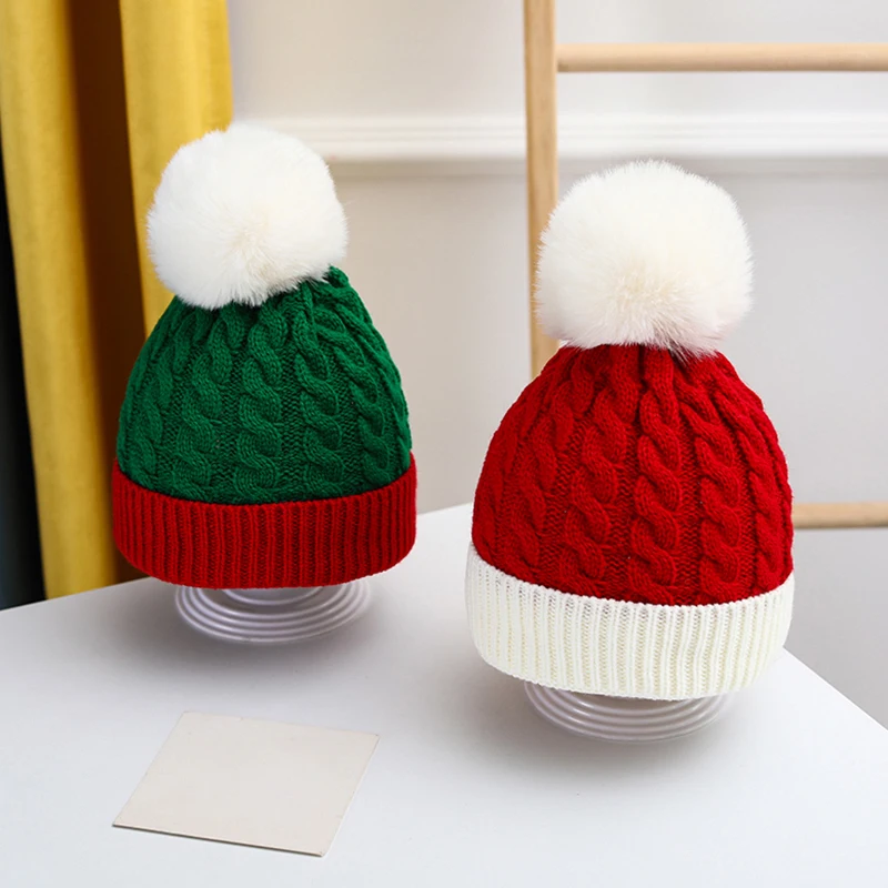 

Adult Kids Christmas Santa Wool Hat Winter Warm Crochet Beanies Skullcap Women Pompom Cap Bonnet New Year Party Xmas Gift