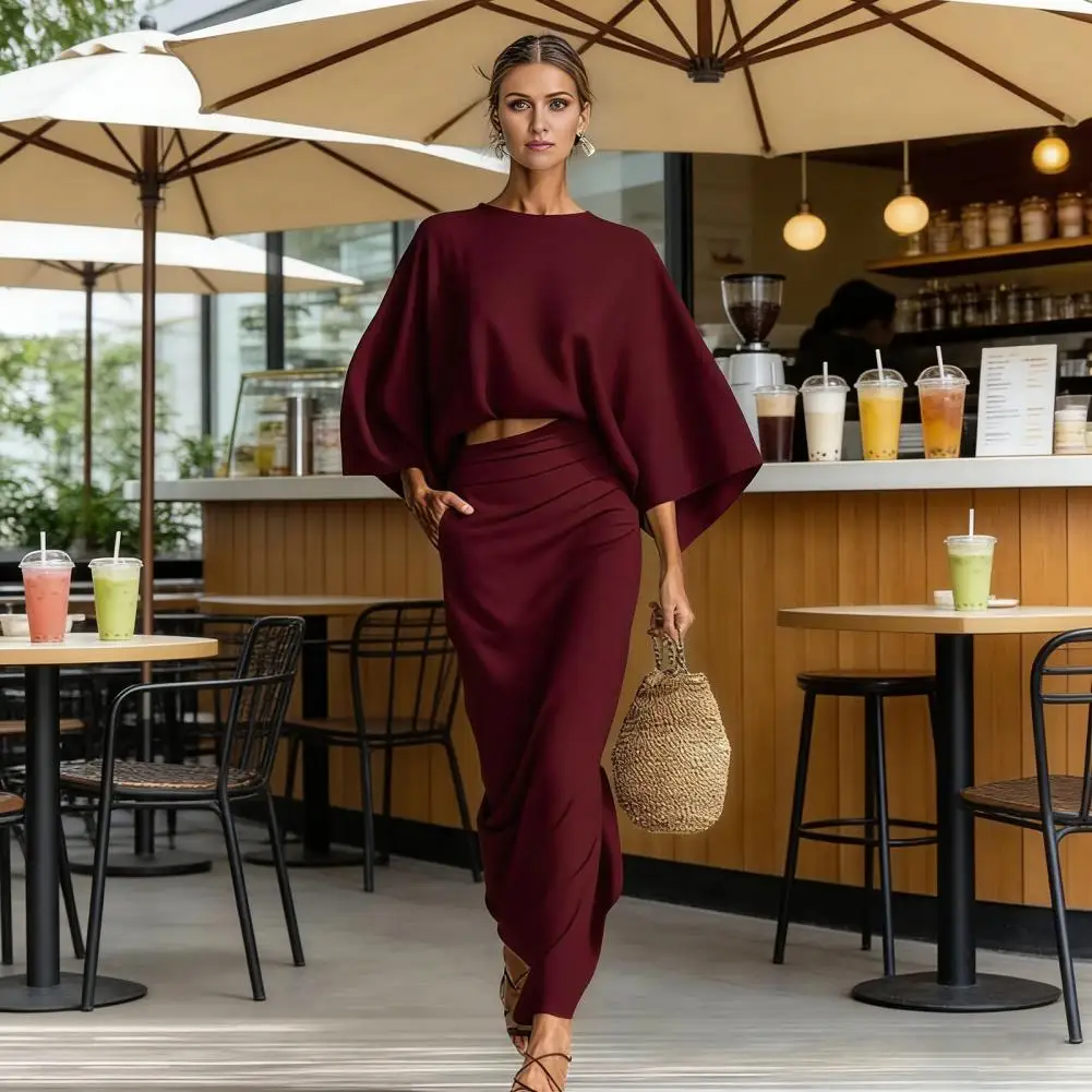 Summer 2 Piece Skirt Sets for Women Batwing Long Sleeve Top And High Waist Ruched Maxi Skirt Matching Set Summer Vacation Lounge