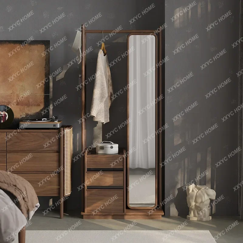 

JYA12Solid Wood Coat and Hat Rack Floor Bedroom Storage Shelves with Full Body Mirror Black Walnut Integrated