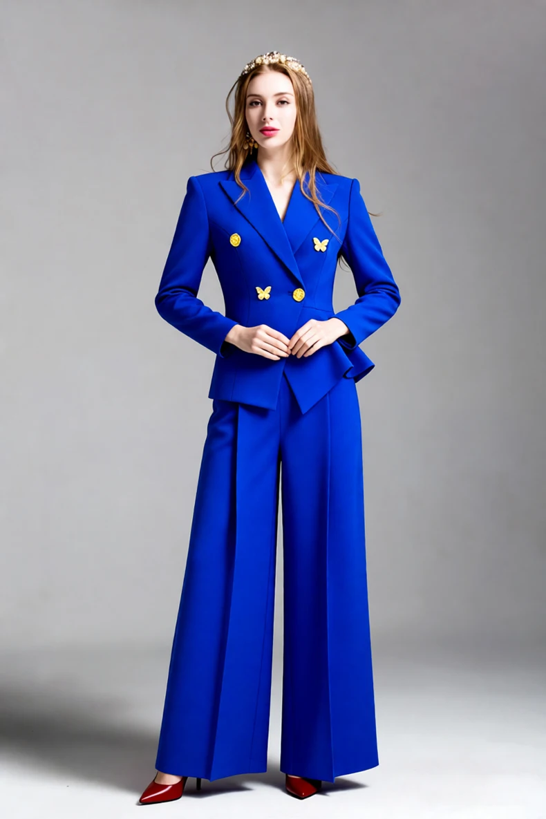 طقم نسائي بليزر بيبلوم باللون الأزرق الملكي بنطال ذو قصة أرجل واسعة وصدر مزدوج وزر ذهبي مزين بالفراشات مكون من قطعتين للمكتب #3