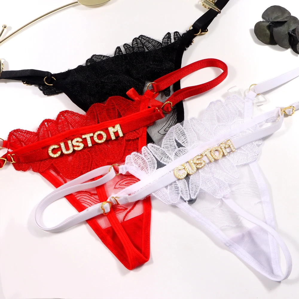 Personalized Custom Name Thong for Women Gold Silver Color Crystal Letter Lace Embroidery Bikini G String Body Underwear Jewelry