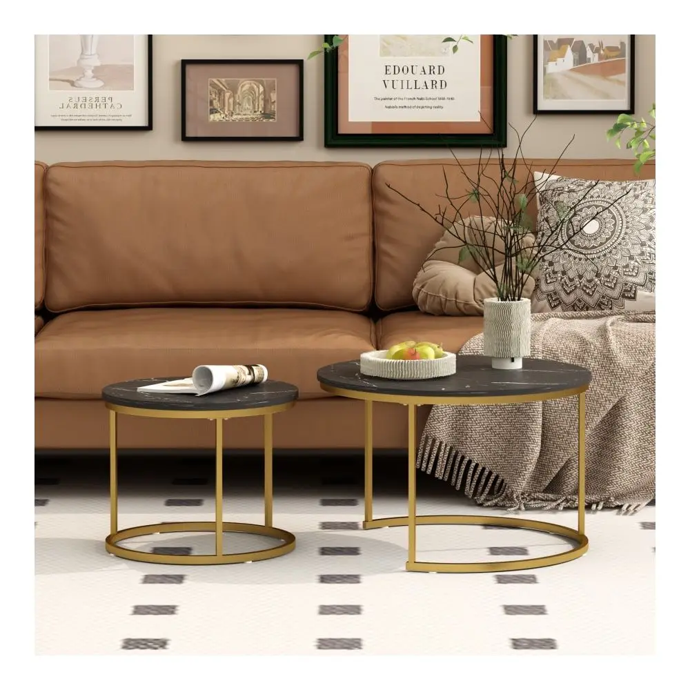Nesting Coffee Table Set Of 2, Round Coffee Table Wood Marble Pattern Top With Sturdy Metal Frame, End Table Side Tables For Li