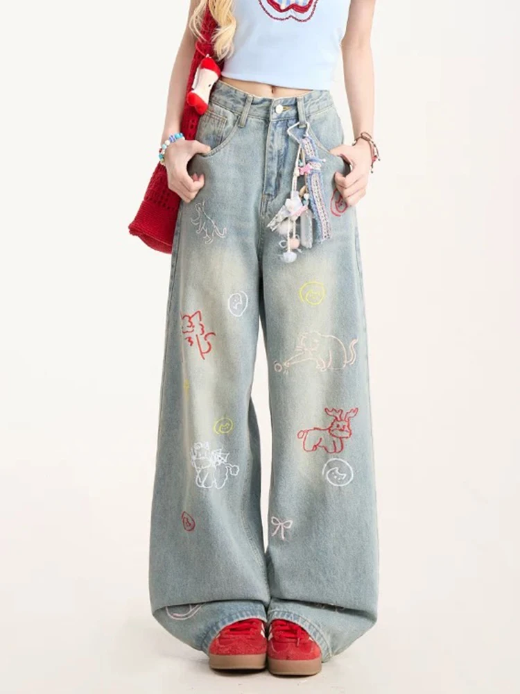 

Y2K Fun Cartoon Embroidered Jeans Women Retro Washed Wide Leg Straight Versatile Trendy Pants