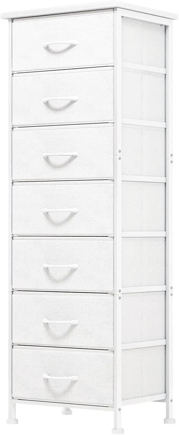 

White Tall Dresser For Bedroom, Storage Dresser Organizer With 7 Fabric Drawers, Nightstand Furniture In Closet, Entryway,