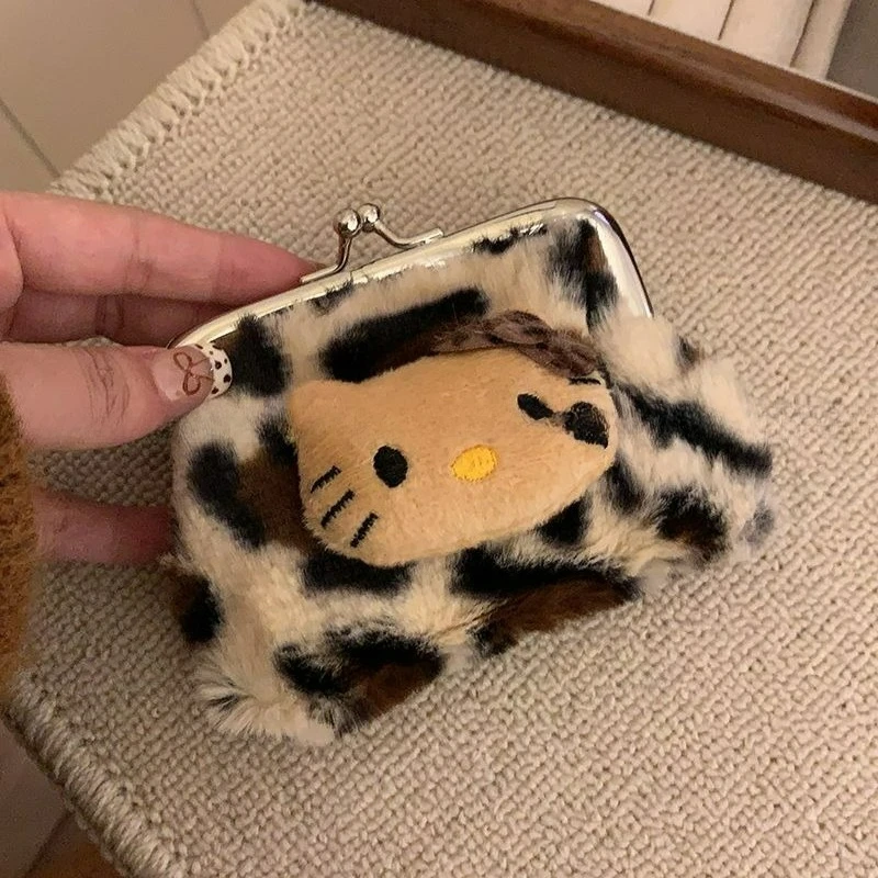 محفظة نقود معدنية لطيفة وطازجة وحلوة كيتي بطبعة الفهد من القطيفة تحمل حقيبة سماعة رأس بلوتوث حقيبة مكياج KT Cat حقيبة تخزين