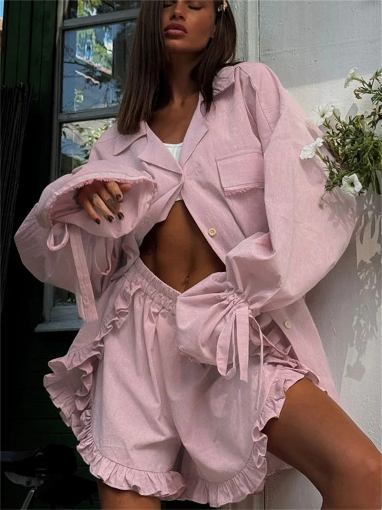 Casual Ruffled 2 Piece-Set Shorts Female Lace-Up Long Sleeve Pocket Cardigan Shirts And Bandage High Waist Shorts Outfits