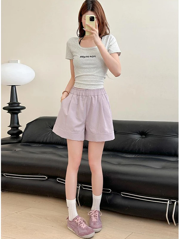 

Женские повседневные шорты больших размеров в корейском стиле, с высокой талией, цветные, универсальные, А-силуэт, широкие штанины, утягивающие, модель S