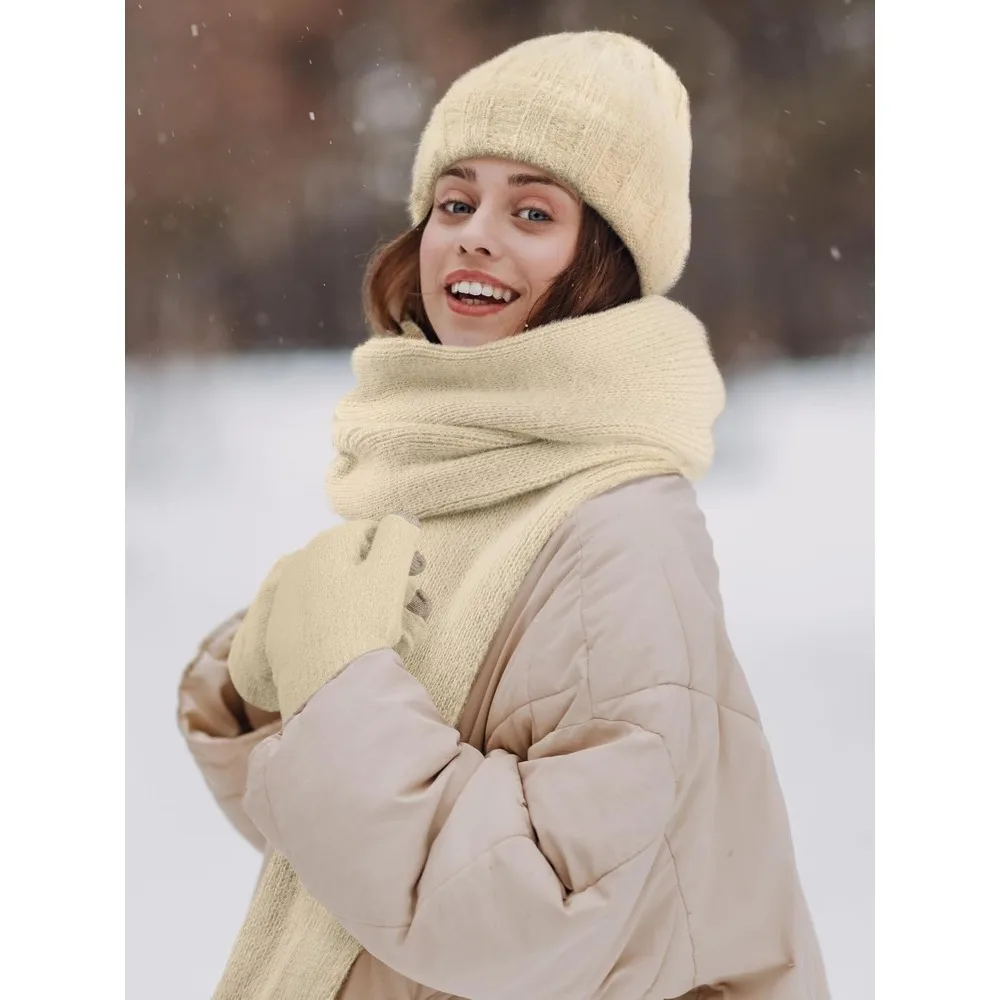 الشتاء قبعة قبعة وشاح قفازات، الدافئة الصوف متماسكة قبعة وشاح طويل الرقبة أدفأ شاشة تعمل باللمس قفازات الشتاء مجموعة هدايا للنساء