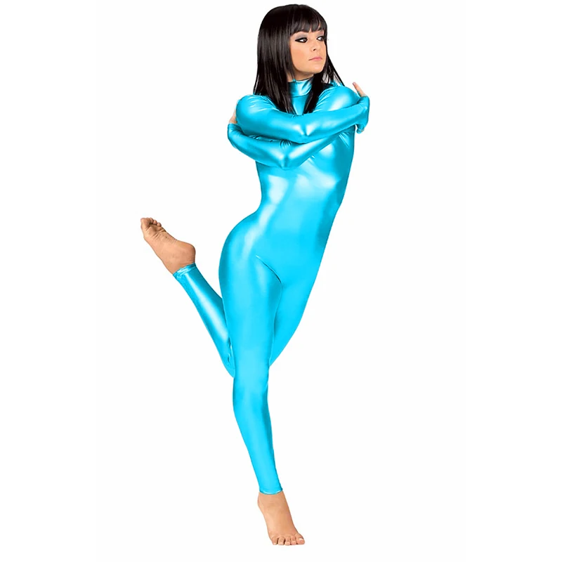 大人の女性のシャイニーメタリックスパンデックスキャットスーツタイツ