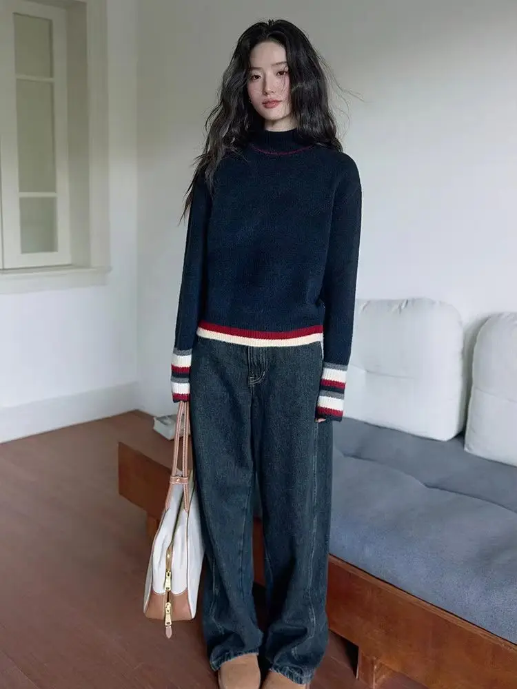 Lazy deep sapphire color matching striped wool pullover with semi-high collar to keep warm women's winter soft waxy sweater