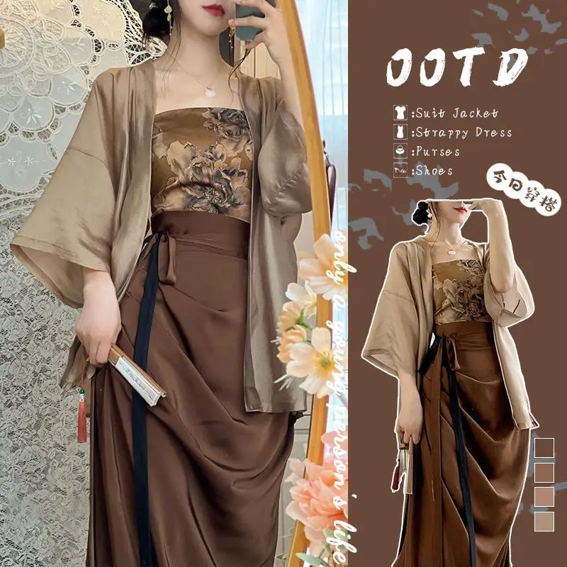 Hanfu tradisional Cina Set wanita, tiga potong atasan kardigan longgar Retro + rok pinggang tinggi + dada akhir cetak musim panas