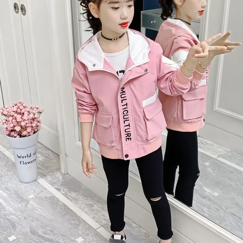 Kawaii Girl Fashion Coat Spring and Autumn Student Casual Cartoon Hooded Zipper Long Sleeves Jacket Tops Children's Clothing
