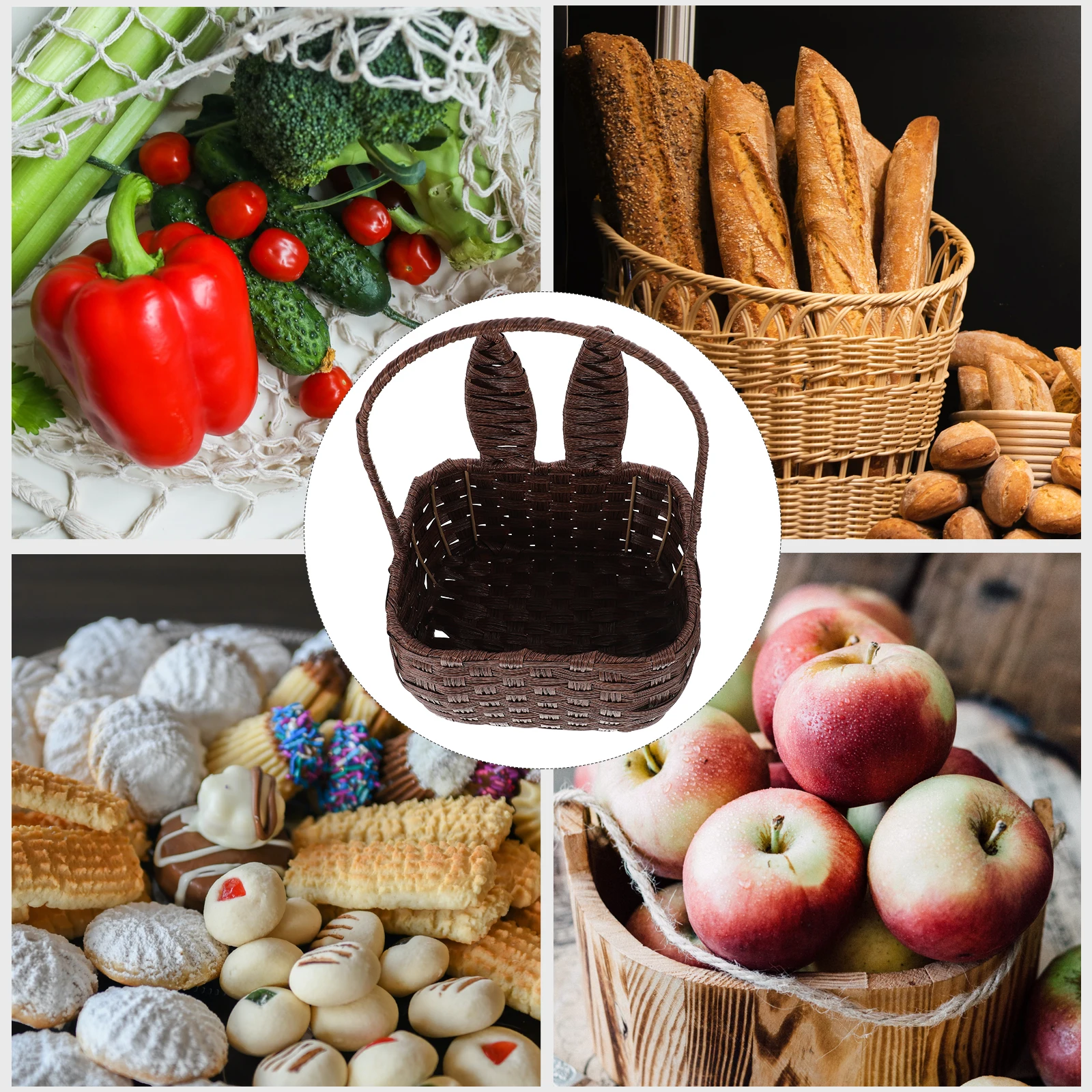 

Rabbit Shape Handled Rattan Woven Storage Basket Handmade Multi-Purpose Fruit Snack Organizer For Home Office Portable Fake