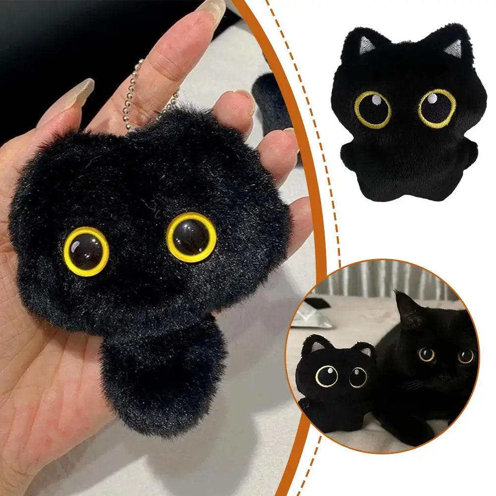 Novo adorável gato preto brinquedo de pelúcia chaveiro dos desenhos animados gatinho boneca criança chave recheado mochila saco carro decoração macia pingente presente w6r1