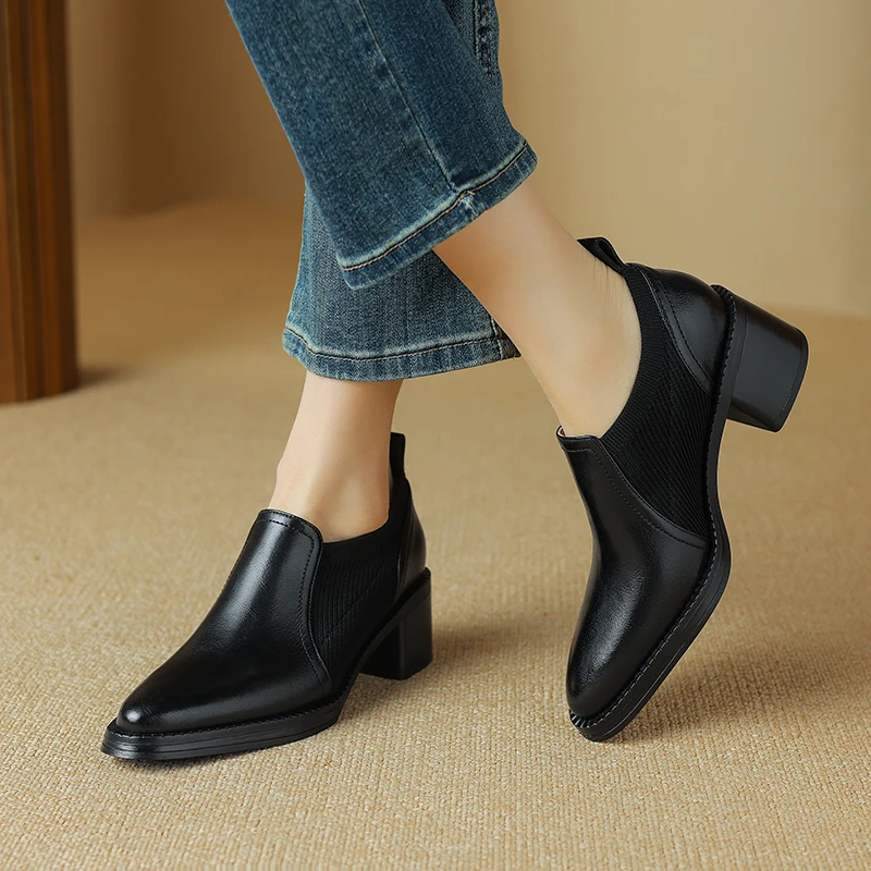 Women Genuine Leather Pumps Thick Heels Square Toe 2024 Spring Summer Office Lady Working Shoes Woman Basic Pumps Heels Women