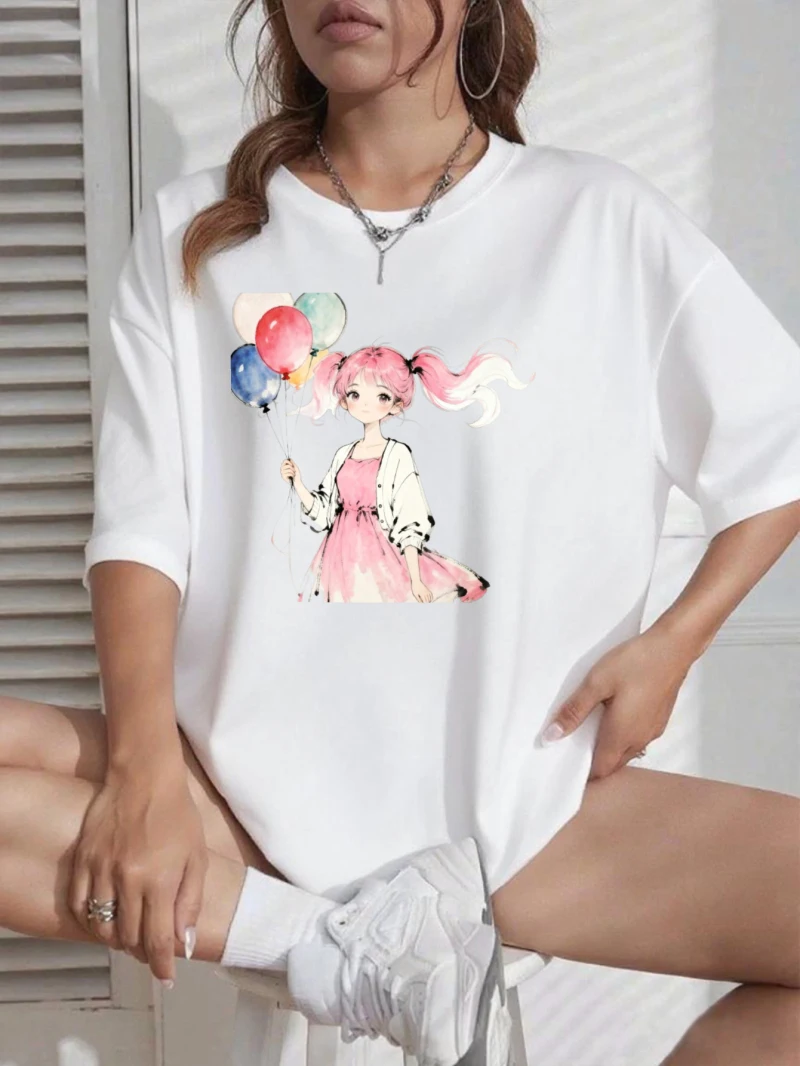 Camiseta de manga corta para mujer, coleta doble rosa para niña, ropa holgada con cuello redondo estampado, estilo de pareja, ropa de verano para mujer