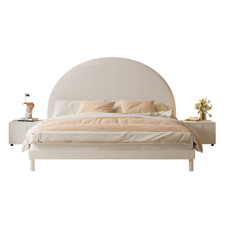 Cream white half-moon bed, lamb's wool, minimalist master bedroom, fabric bed, light luxury Nordic double bed, princess bed