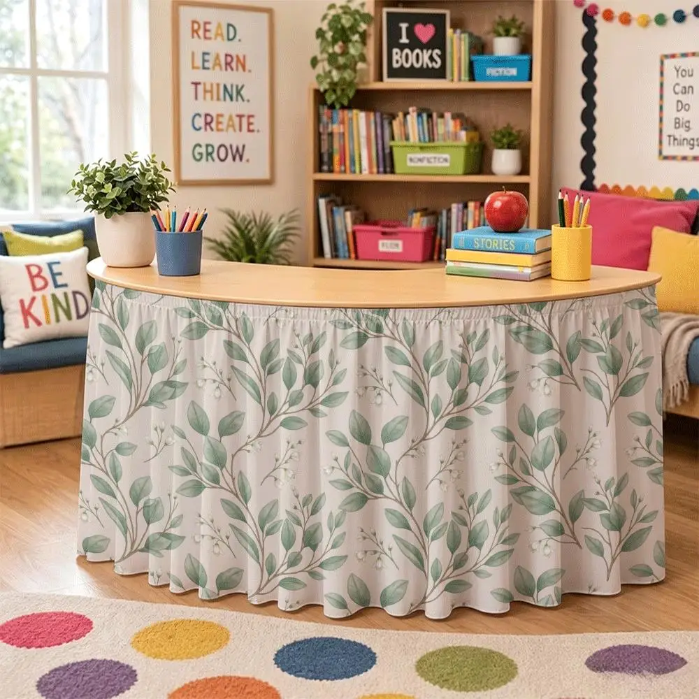Table skirt, green plant leaf print, semi-circular design, simple and fresh style, classroom desk decoration