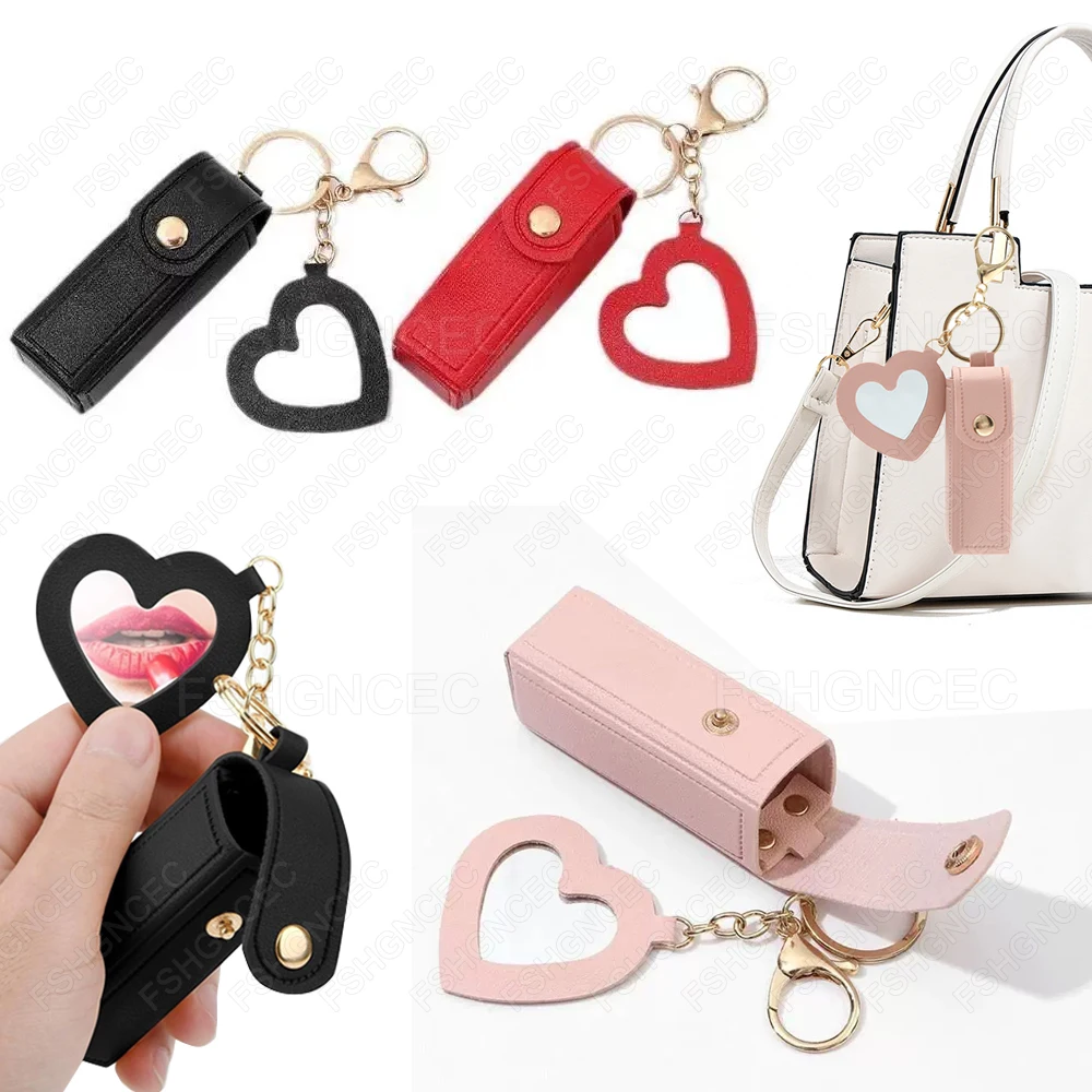 Portable Leather Lipstick Bag for Women Makeup Pouch Lip Balm Bag Keychain Holder Lipsticks Protective Cover With Mirror