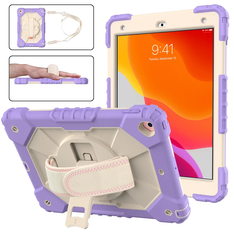 

For iPad 10.2 7th 8 th Gen 2019 2020 Hard PC tablet Case For iPad 10.2 9th Gen 2021 360 Rotation Hand Strap Kids Silicone Cover