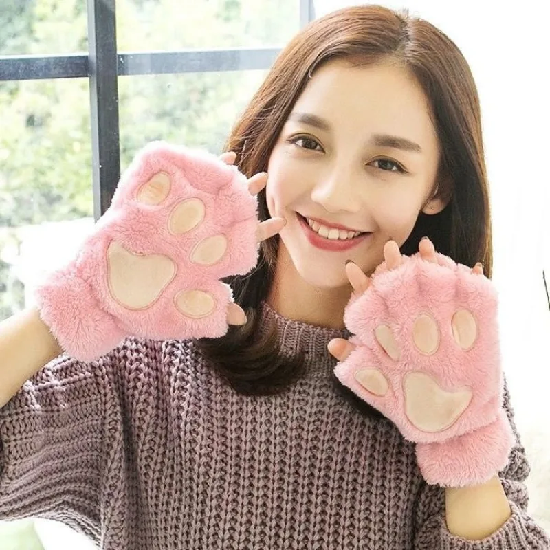 Lovely Plush Cat Claw Paw Gloves Plush Mittens Warm Soft Plush Short Fingerless Fluffy Bear Gloves Costume Half Finger Gloves