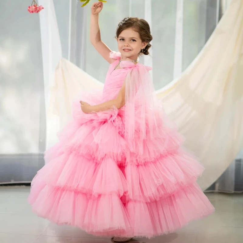 Yellow Flower Girl Dresses Tulle Puffy Tiered With Bow Shoulder Sleeveless For Wedding Birthday Party Banquet Princess Gowns