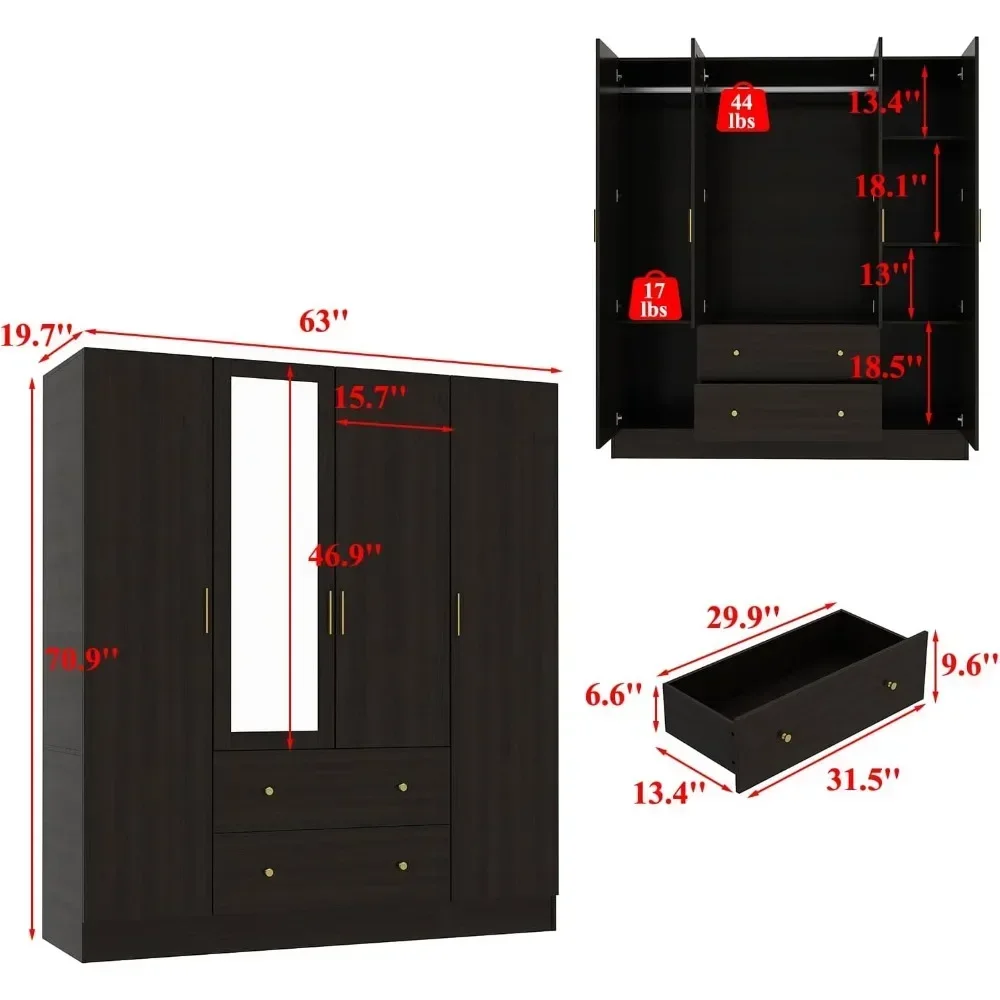 4-Door Armoire Wardrobe Closet with Mirror, 63