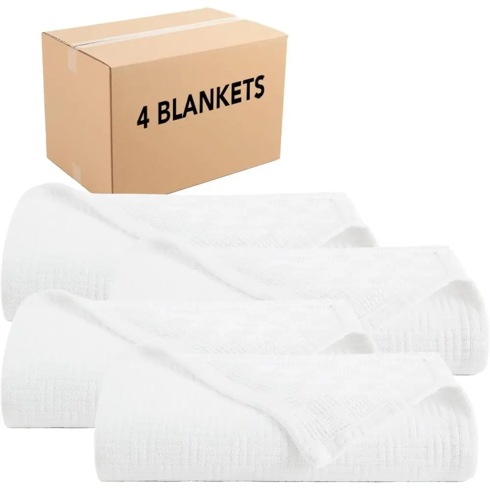 

Queen Size Cotton Basket Weave Blanket - 4-Pack, 100% Ringspun, 300 GSM, All-Season, Soft & Breathable, 90x90, White