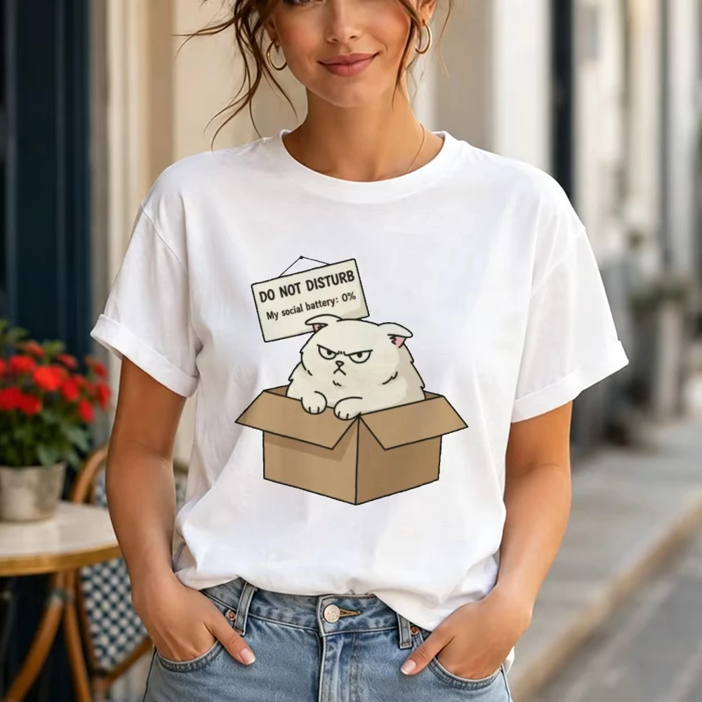 Do Not Disturb Social Battery Cat Graphic T Shirt Female Introvert Meme Humor Tee Summer Casual Daily Relax Wear