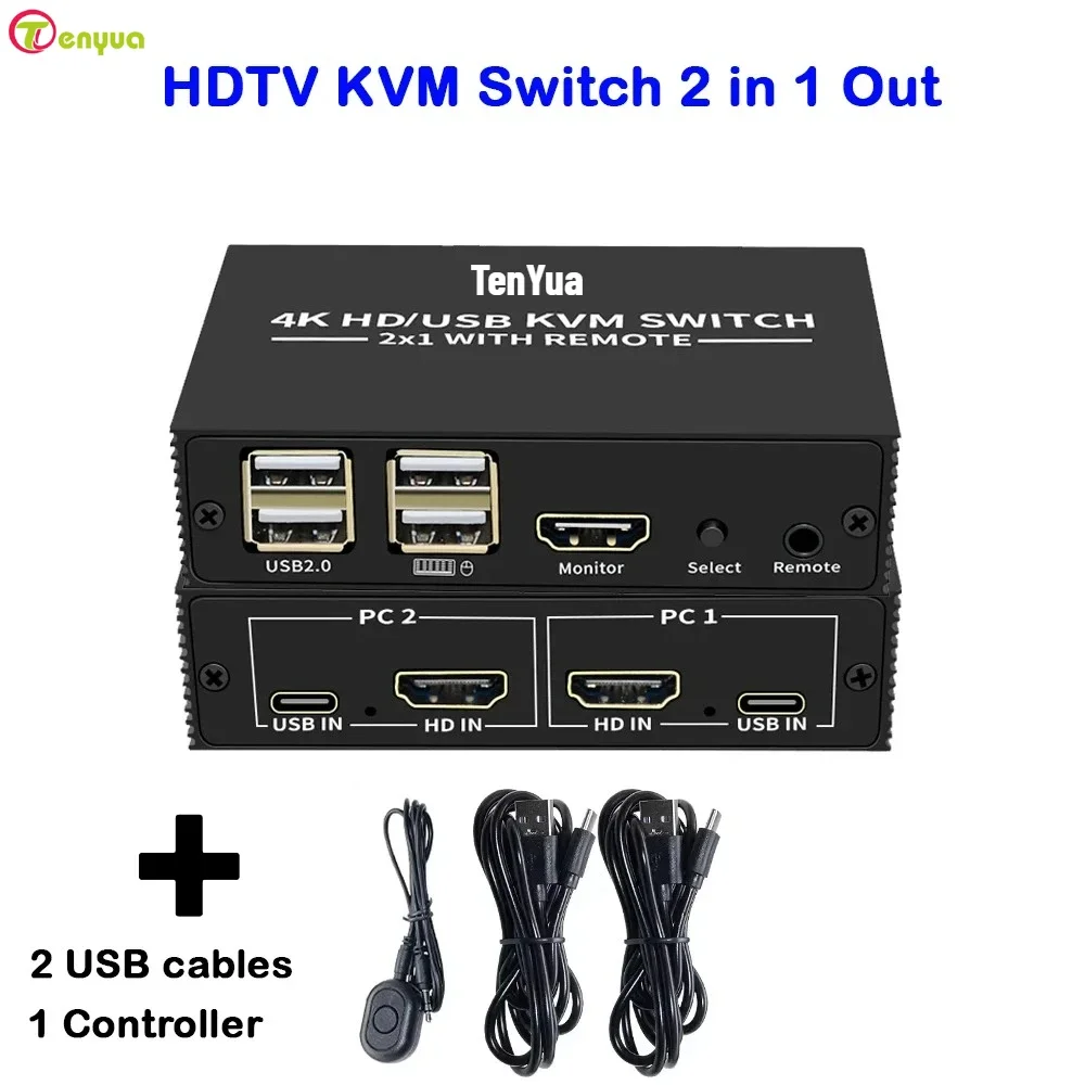2 Port HDTV KVM Switch 2x1 4K HD USB Switch Selector 2 in 1 Out with Desktop Controller Sharing Monitor USB 2.0 Mouse Keyboard