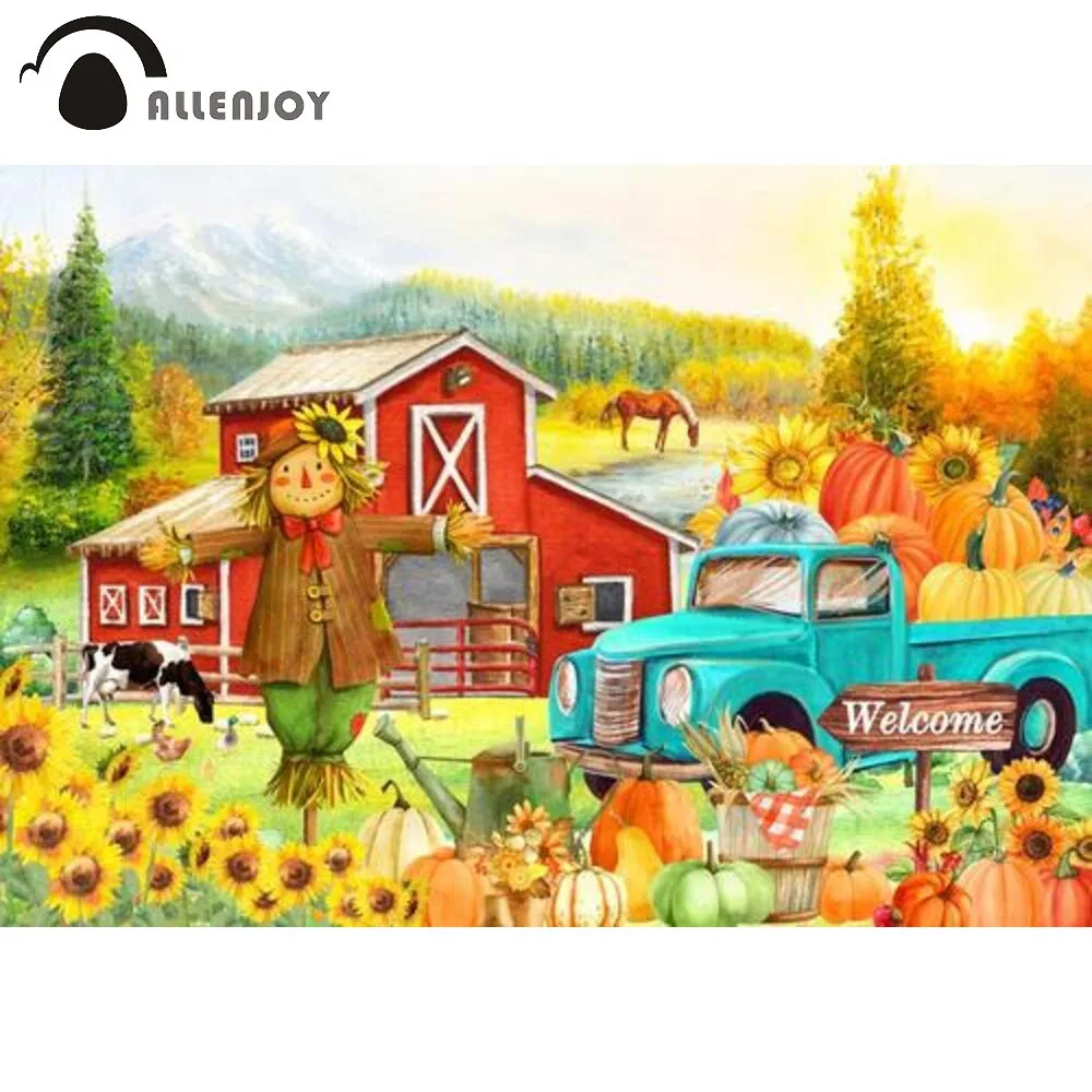 

Allenjoy Happy Fall Y'all Welcome Autumn Scenery Backdrop Thanksgiving Party Barn Sunflowers Harvest Farm Scarecrow Background