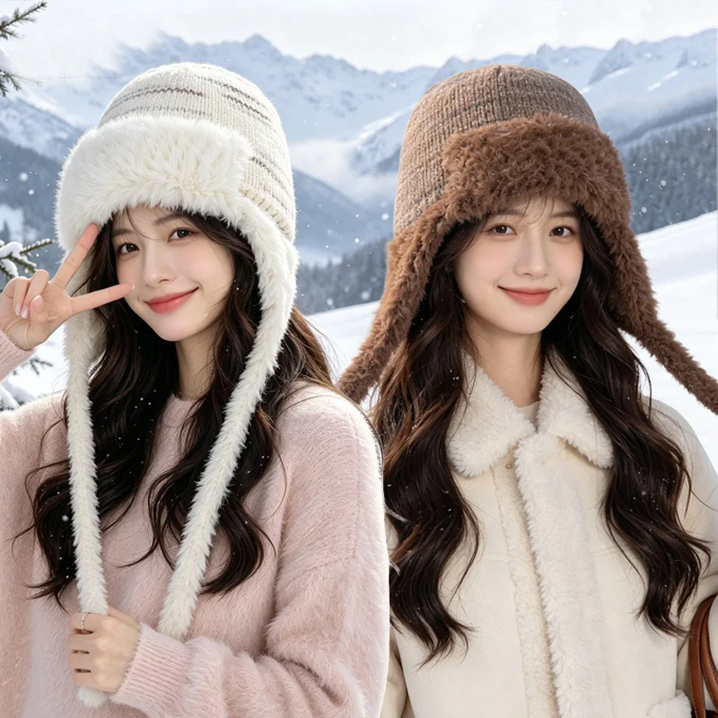 Winter outdoor warm pullover hat with windproof ear protection and knitted fashionable makes face look smaller, plush hat