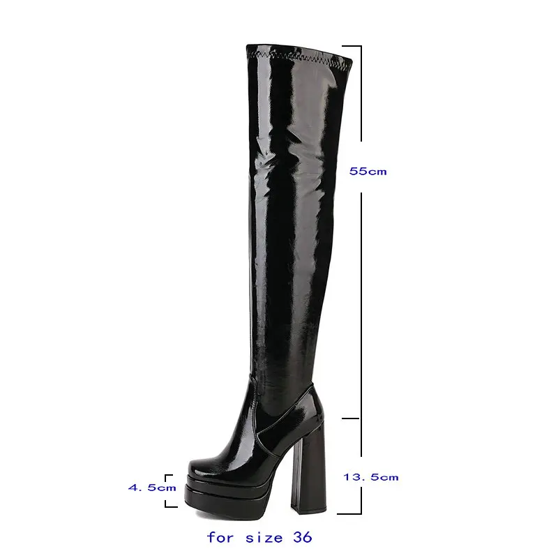 2022 Women Over the Knee Boots Platform Thick High Heel Ladies Thigh Boots Patent PU Leather Square Toe Zipper Dress Women Boots